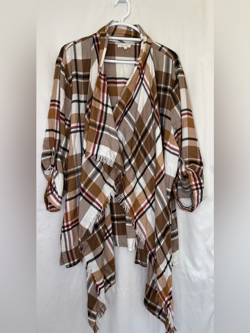 Maurices Brown and White Plaid Draped Open-Front Cardigan